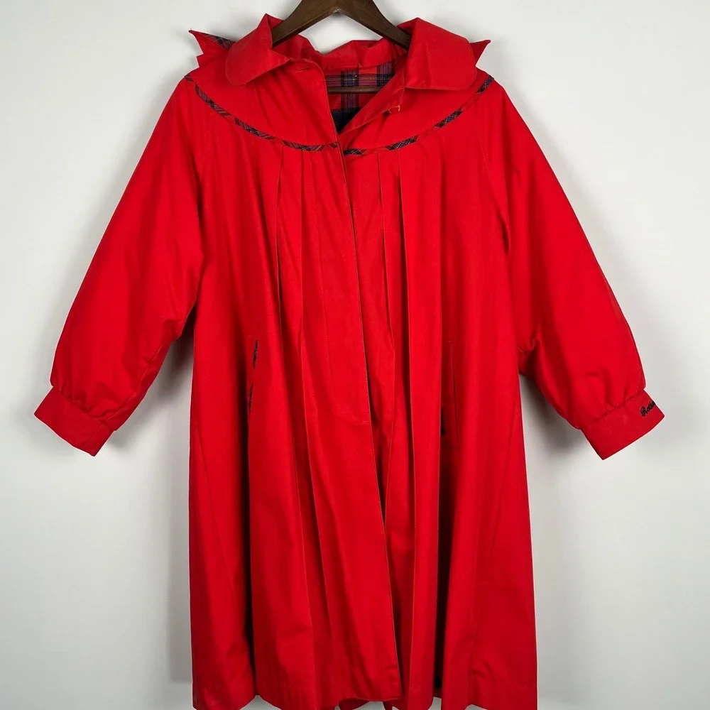 Rothschild Girls Red Hooded Dress Coat Plaid Trim Faux Fur Lined Size 12 Vintage
